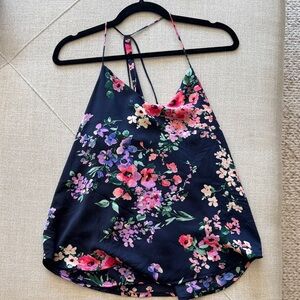 Floral Halter Cami Tank Top - Navy with Pink & Purple Flowers